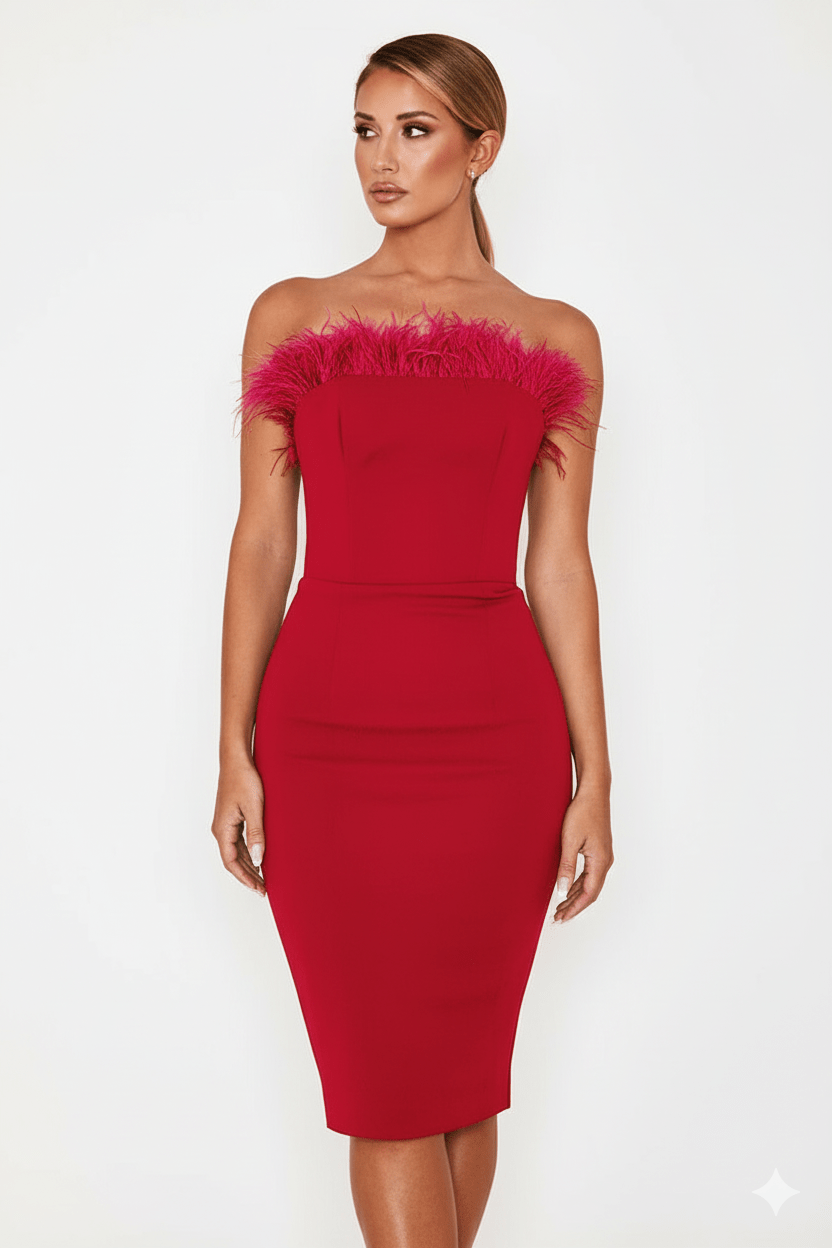 Celeste Feather Backless Bodycon Dress by Luxe Lane | from Luxe Lane | SKU:  | Barcode:  | Options: Black XS | Celeste Feather Backless Bodycon Dress