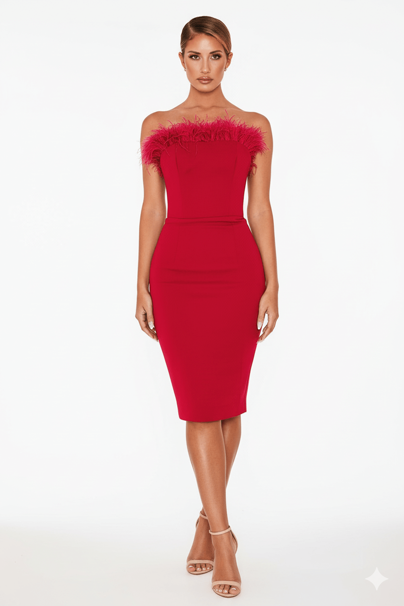 Celeste Feather Backless Bodycon Dress by Luxe Lane | from Luxe Lane | SKU:  | Barcode:  | Options: Red XS | Celeste Feather Backless Bodycon Dress
