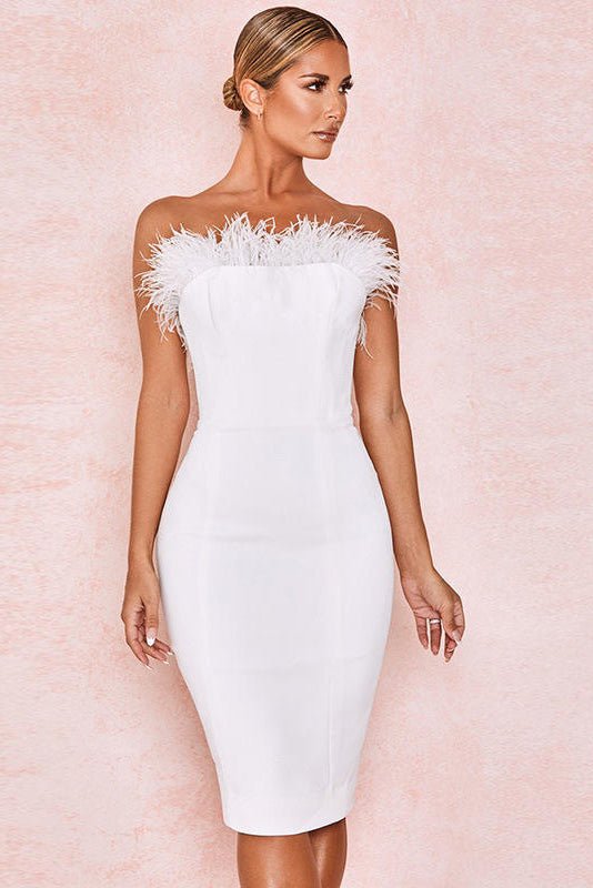 Celeste Feather Backless Bodycon Dress by Luxe Lane | from Luxe Lane | SKU:  | Barcode:  | Options: White XS | High Quality Feather Sexy Women Strapless Wrap Backless Bodycon Dress Elegant Christmas Party Dress for Women