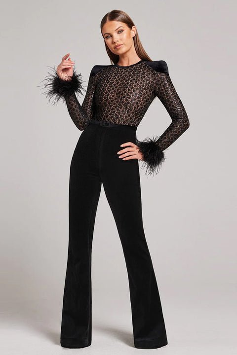 Celeste Feather Sequin Jumpsuit by Luxe Lane | Jumpsuits from Luxe Lane | SKU:  | Barcode:  | Options: Black XS | Sexy Long Sleeve Women's Jumpsuits Black Sequin Tulle One Piece Jumpsuit With Feather