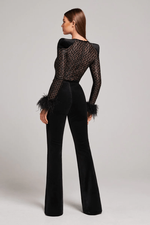 Celeste Feather Sequin Jumpsuit by Luxe Lane | Jumpsuits from Luxe Lane | SKU:  | Barcode:  | Options: Black XS | Sexy Long Sleeve Women's Jumpsuits Black Sequin Tulle One Piece Jumpsuit With Feather