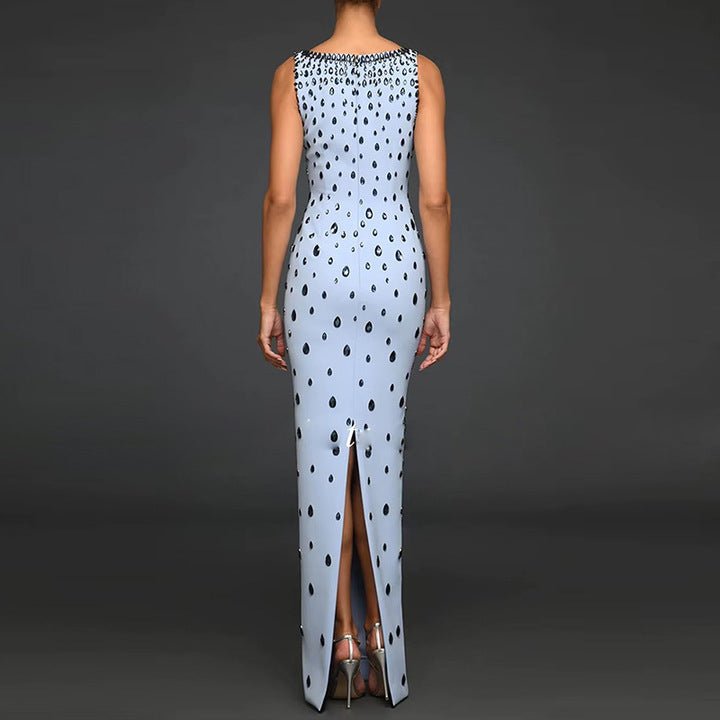 Celeste Grace Gown by Luxe Lane | heath gown from Luxe Lane | SKU:  | Barcode:  | Options: Light Blue S | Elegant Women Light Blue U Neck Maxi Long Dress Luxury Sleeveless Water Drop Rhinestone Formal Evening Dresses Party Gown