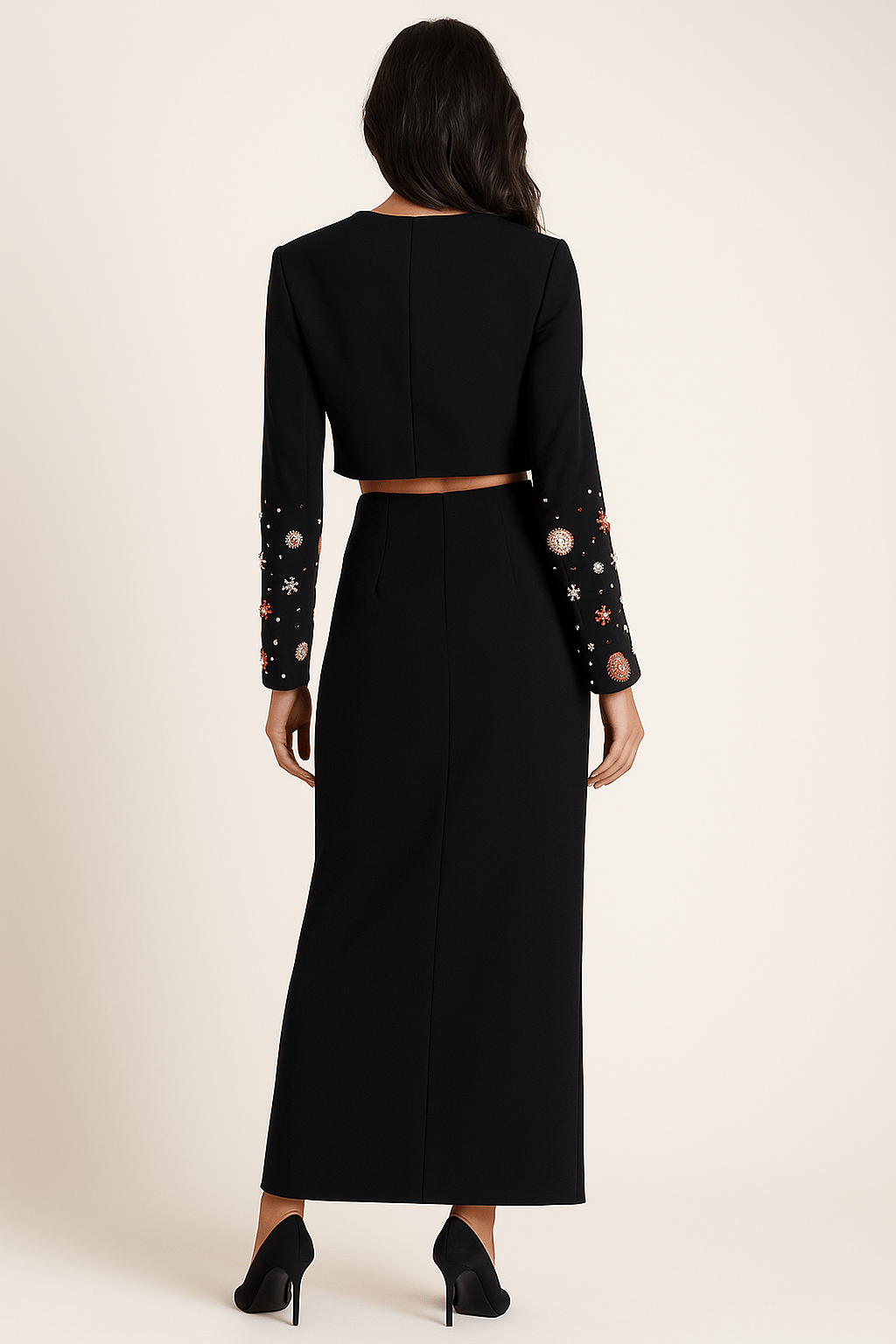 Celeste Noir Diamond Beaded Two - Piece Maxi Set by Shine | 2 piece long set from Luxe Lane | SKU: -1 | Barcode:  | Options: Black S | Celeste Noir Diamond Beaded Two - Piece Maxi Set