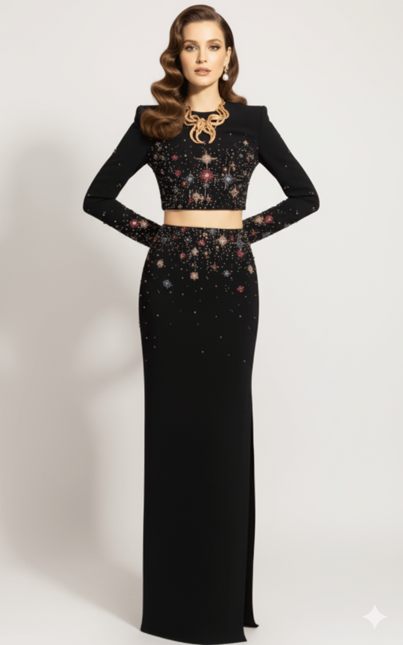 Celeste Noir Diamond Beaded Two - Piece Maxi Set by Shine | 2 piece long set from Luxe Lane | SKU: -1 | Barcode:  | Options: Black S | Celeste Noir Diamond Beaded Two - Piece Maxi Set