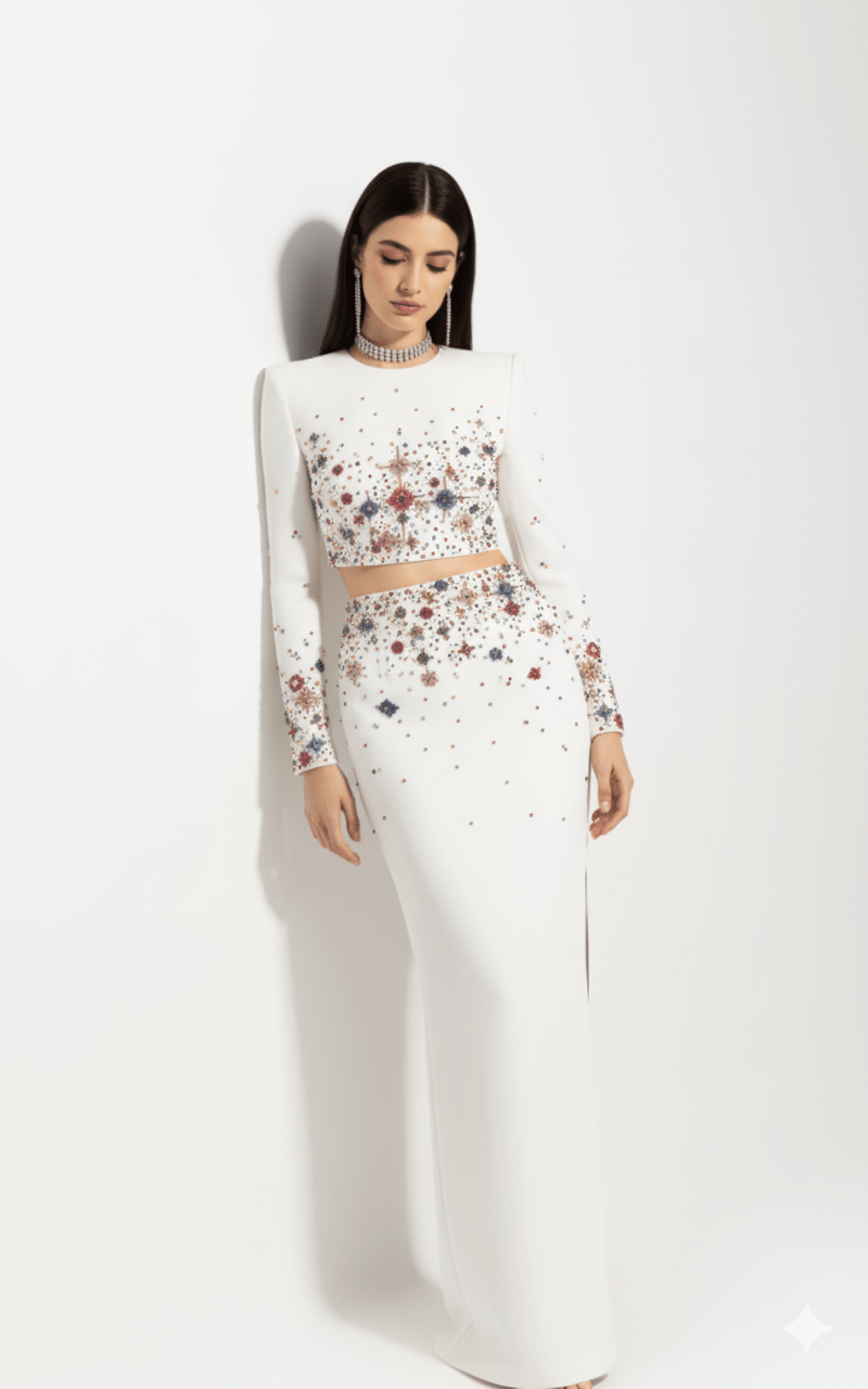 Celeste Noir Diamond Beaded Two - Piece Maxi Set by Shine | 2 piece long set from Luxe Lane | SKU: -1 | Barcode:  | Options: Black S | Celeste Noir Diamond Beaded Two - Piece Maxi Set