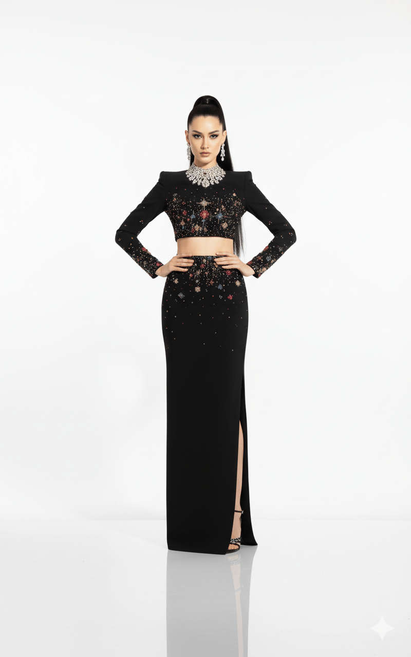 Celeste Noir Diamond Beaded Two - Piece Maxi Set by Shine | 2 piece long set from Luxe Lane | SKU: -1 | Barcode:  | Options: Black S | Celeste Noir Diamond Beaded Two - Piece Maxi Set