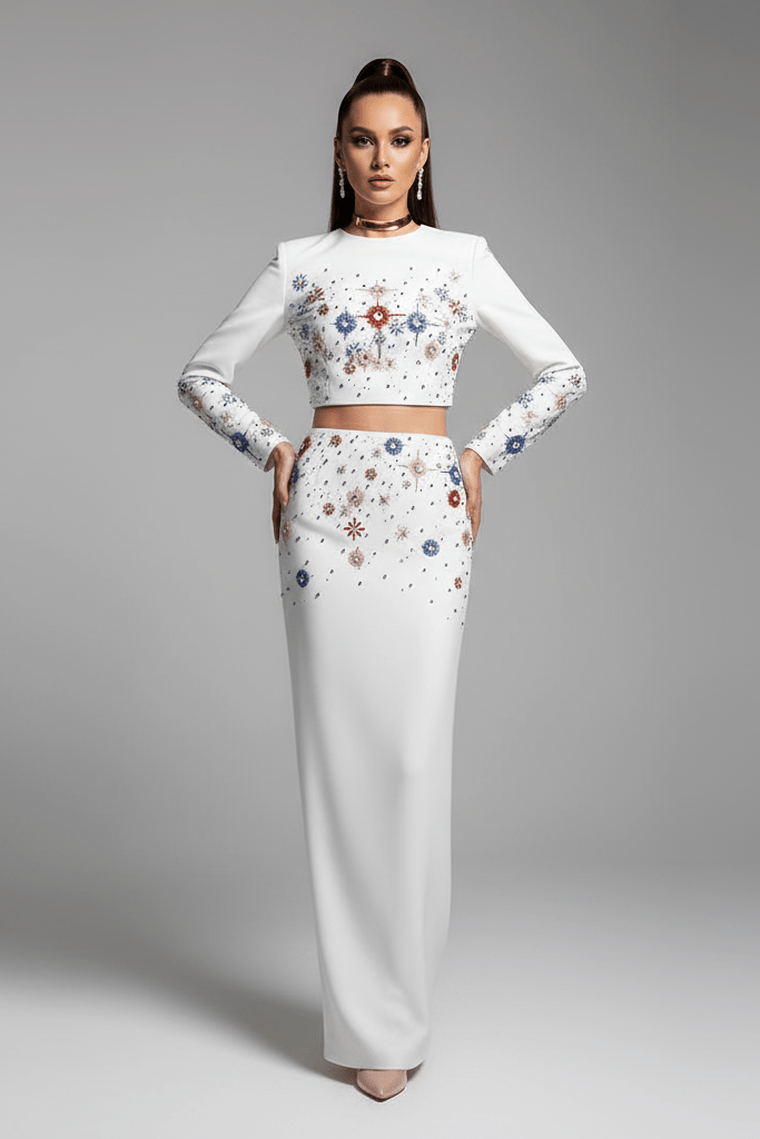 Celeste Noir Diamond Beaded Two - Piece Maxi Set by Shine | 2 piece long set from Luxe Lane | SKU: -6 | Barcode:  | Options: White S | Celeste Noir Diamond Beaded Two - Piece Maxi Set