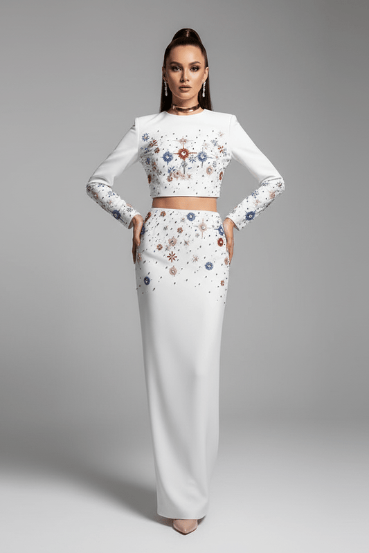 Celeste Noir Diamond Beaded Two - Piece Maxi Set by Shine | 2 piece long set from Luxe Lane | SKU: -6 | Barcode:  | Options: White S | Celeste Noir Diamond Beaded Two - Piece Maxi Set