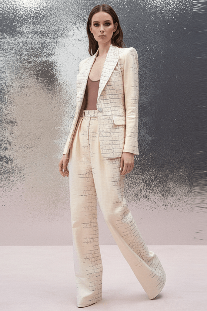 Celeste White Croc Print Suit Set by Guangdong, China | suit set from Luxe Lane | SKU: W11274-1 | Barcode:  | Options: Ivory white S | Celeste White Croc Print Suit Set