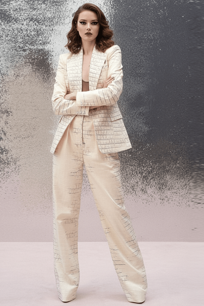 Celeste White Croc Print Suit Set by Guangdong, China | suit set from Luxe Lane | SKU: W11274-1 | Barcode:  | Options: Ivory white S | Celeste White Croc Print Suit Set