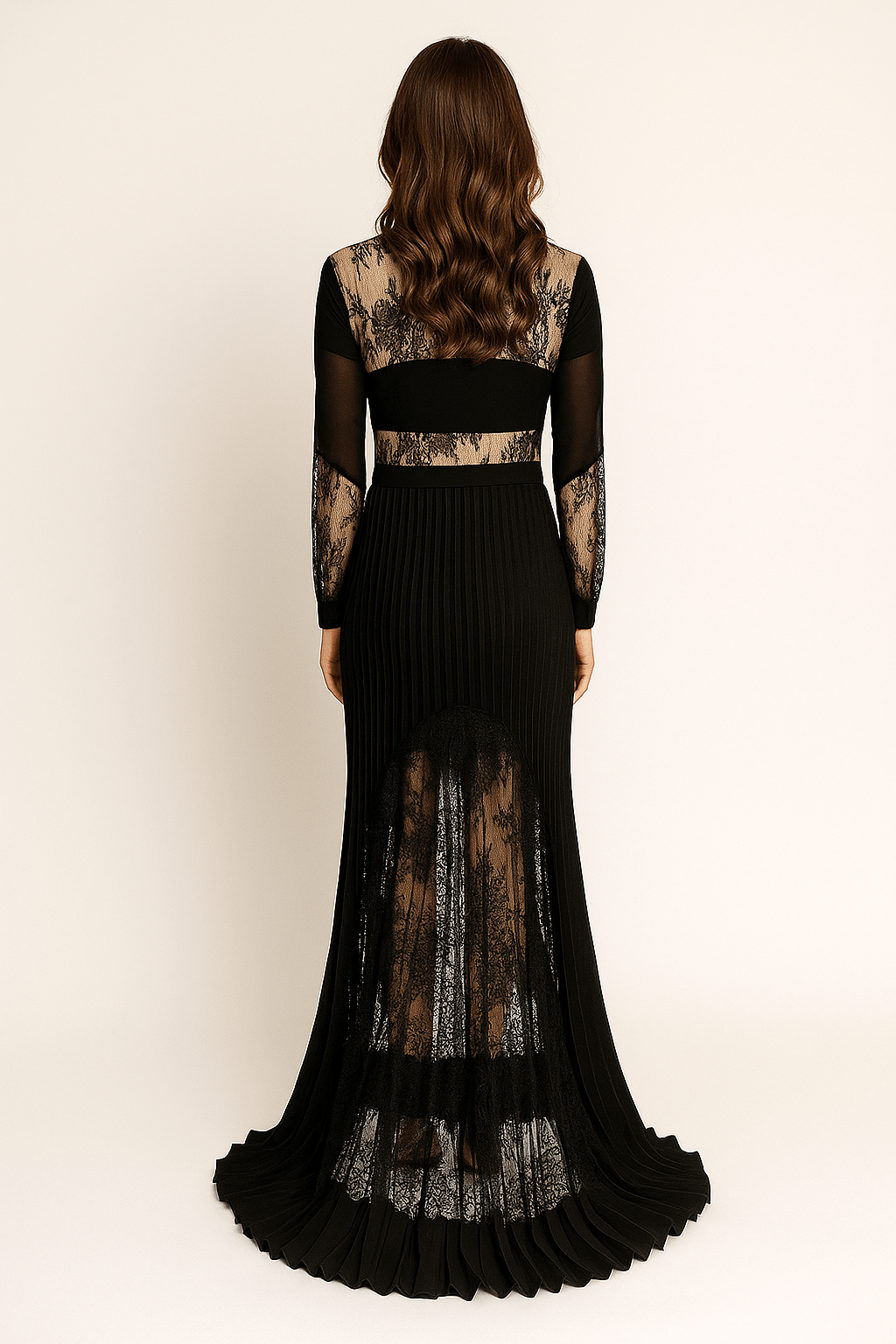 Celestia Black Lace Patchwork Pleated by Luxe Lane | Evening Dresses from Luxe Lane | SKU:  | Barcode:  | Options: Black S | Celestia Black Lace Patchwork Pleated