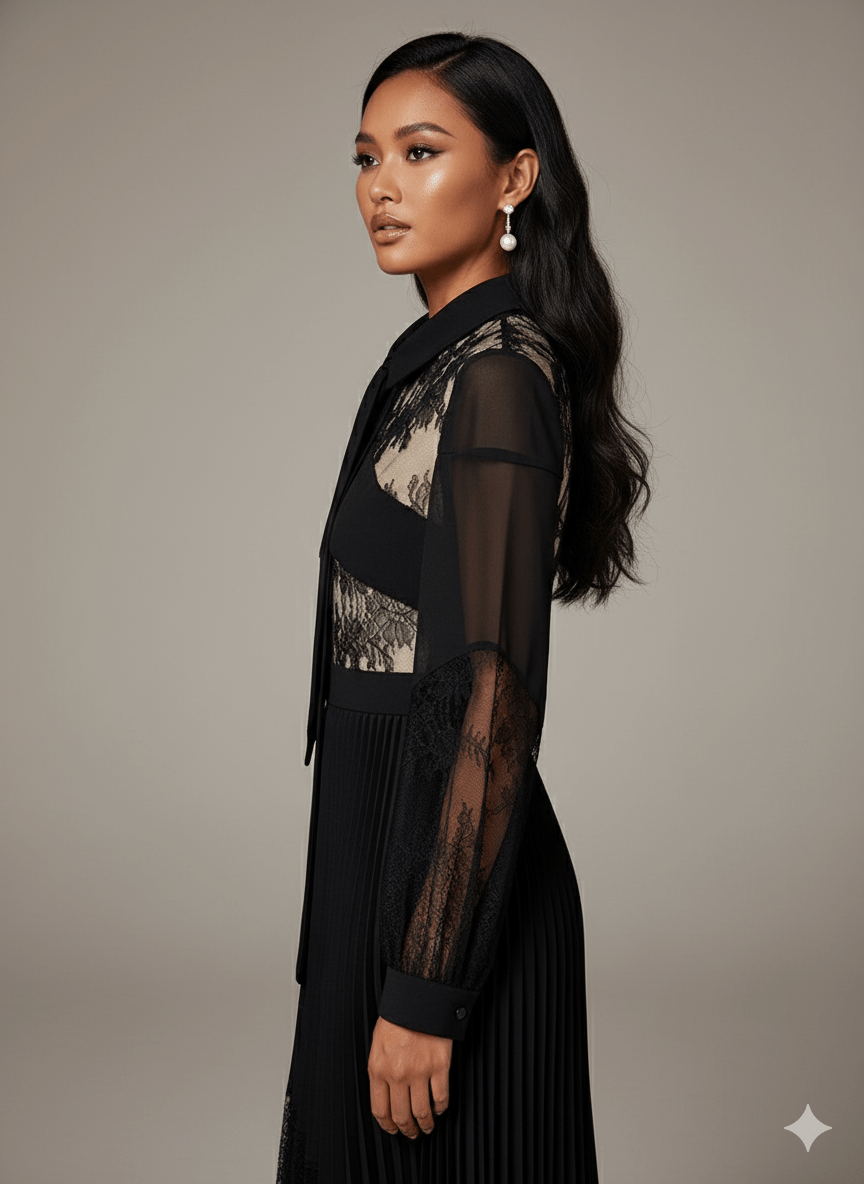 Celestia Black Lace Patchwork Pleated by Luxe Lane | Evening Dresses from Luxe Lane | SKU:  | Barcode:  | Options: Black S | Celestia Black Lace Patchwork Pleated