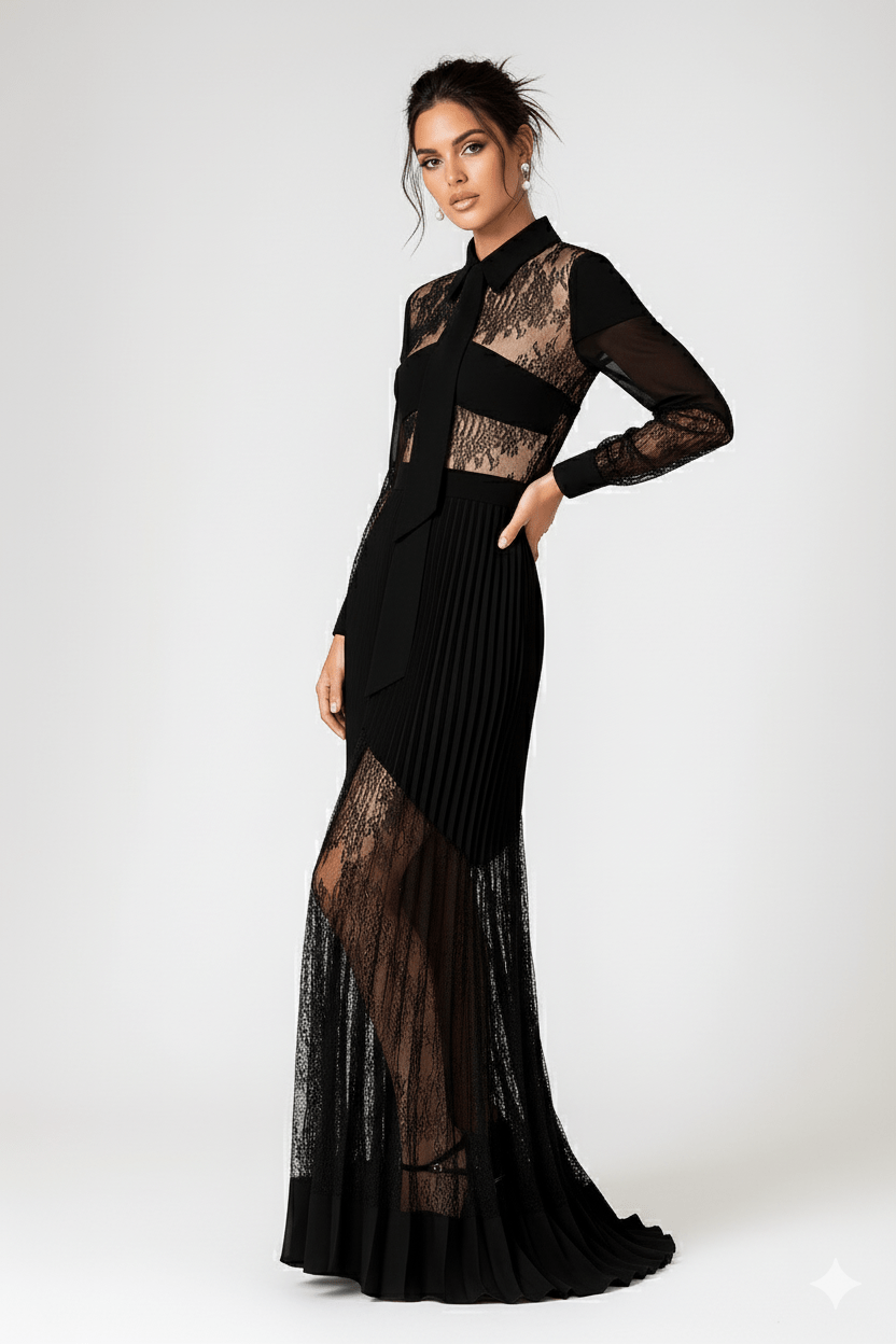 Celestia Black Lace Patchwork Pleated by Luxe Lane | Evening Dresses from Luxe Lane | SKU:  | Barcode:  | Options: Black S | Celestia Black Lace Patchwork Pleated