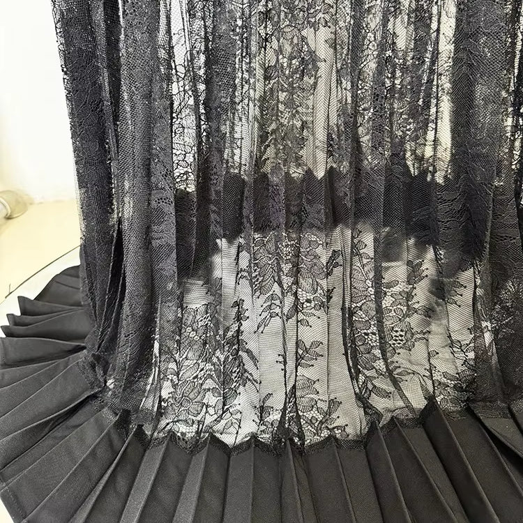 Celestia Black Lace Patchwork Pleated by Luxe Lane | Evening Dresses from Luxe Lane | SKU:  | Barcode:  | Options: Black S | Wholesale Elegant Womens Clothing Fashionable Black Lace Patchwork Pleated Maxi Evening Dresses Luxury Long Gown Flowy Dress