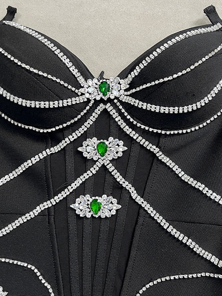 Celestia Noir Gown – Black Strapless by Luxe Lane | mermaid gown from Luxe Lane | SKU:  | Barcode:  | Options: Black S | Black evening gown with diamond and emerald embellishments on a neutral background