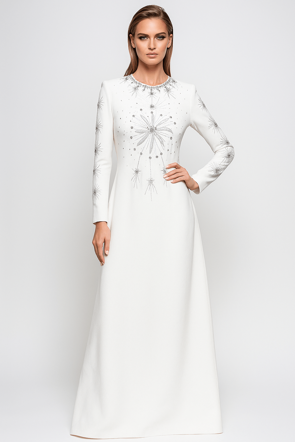 Celestial Grace Gown – White Maxi Formal by Luxe Lane | heath gown from Luxe Lane | SKU:  | Barcode:  | Options: White S | Woman wearing a white evening gown with intricate detailing on a light gray background