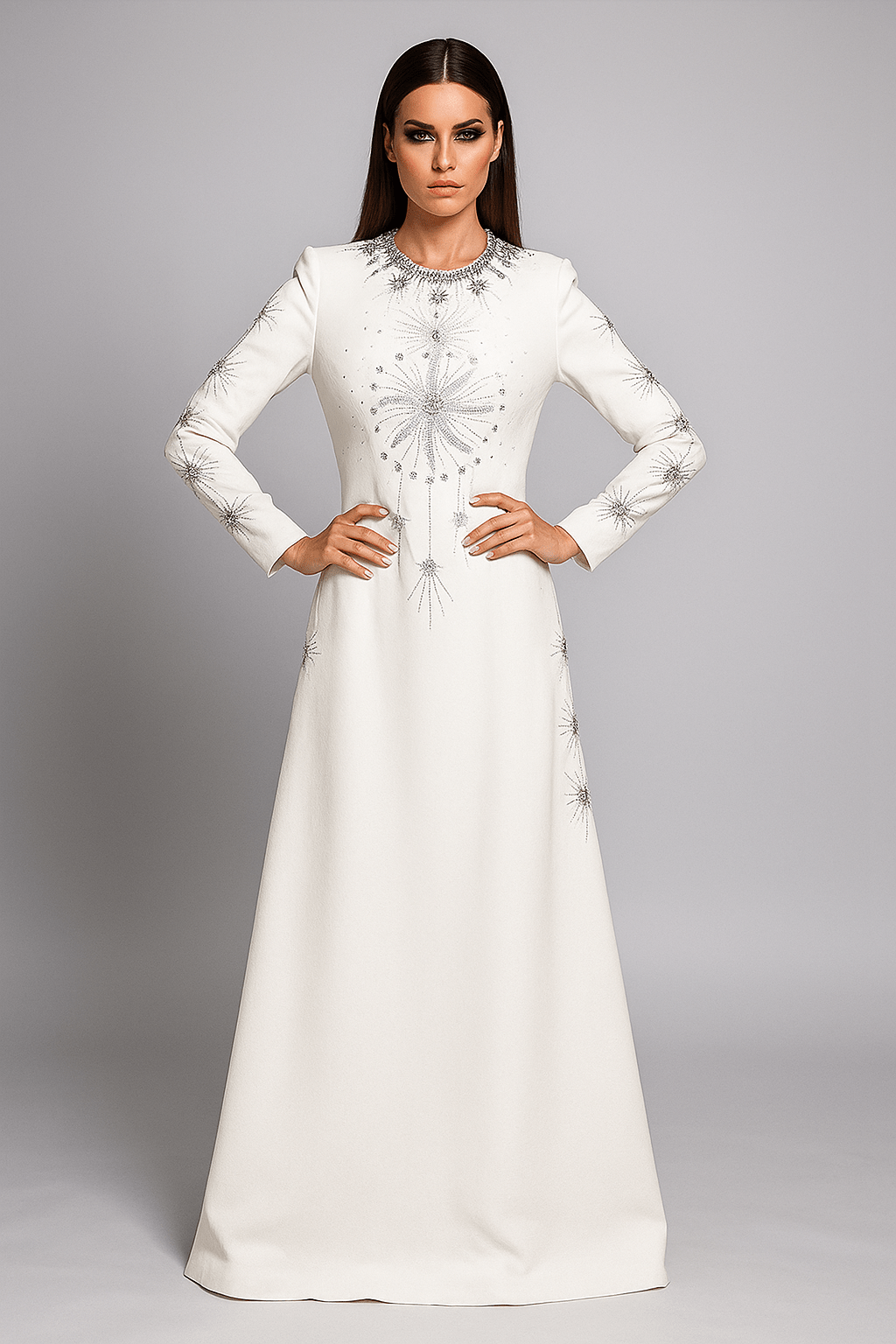 Celestial Grace Gown – White Maxi Formal by Luxe Lane | heath gown from Luxe Lane | SKU:  | Barcode:  | Options: White S | Woman wearing a white dress with intricate detailing on a gray background