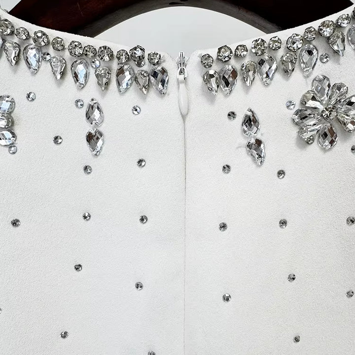 Celestial Grace Gown – White Maxi Formal by Luxe Lane | heath gown from Luxe Lane | SKU:  | Barcode:  | Options: White S | Wholesale Elegant White Long Sleeve Formal Dress Luxury Diamond Rhinestone Beaded Evening Dresses Maxi Party Gown