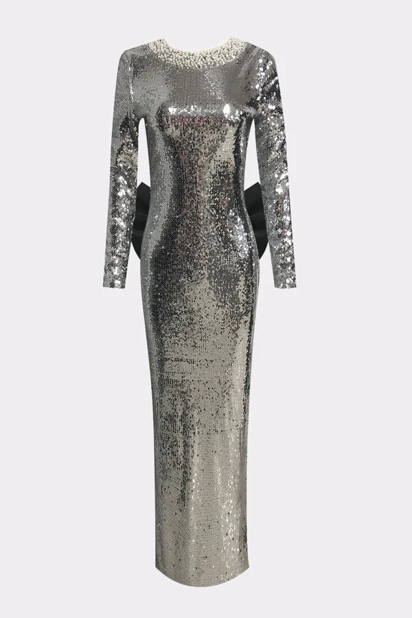 Celestine Handmade Silver Sequin Bow Maxi Gown by Luxe Lane | from Luxe Lane | SKU: -1 | Barcode:  | Options: Silver S(2) | Celestine Handmade Silver Sequin Bow Maxi Gown