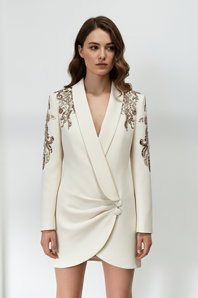 Celina Sequin Beaded Blazer Dress by Luxe Lane | from Luxe Lane | SKU:  | Barcode:  | Options: Beige S | elegant pose of model wearing Luxe Lane white beaded blazer mini dress with lapel collar and metallic detailing