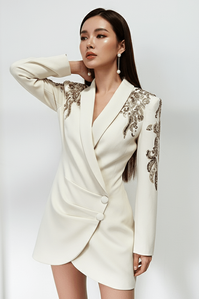 Celina Sequin Beaded Blazer Dress by Luxe Lane | from Luxe Lane | SKU:  | Barcode:  | Options: Beige S | side angle of Luxe Lane white blazer dress featuring gold beadwork on shoulders and long sleeves