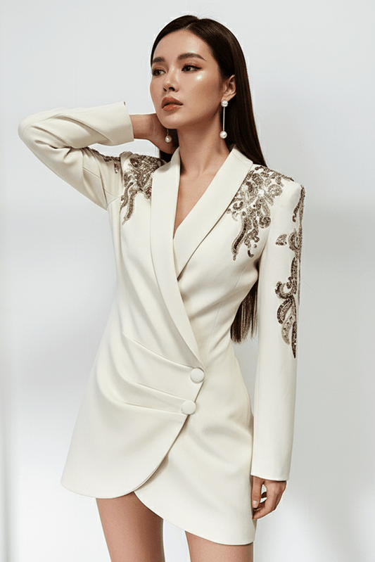 Celina Sequin Beaded Blazer Dress by Luxe Lane | from Luxe Lane | SKU:  | Barcode:  | Options: Beige S | side angle of Luxe Lane white blazer dress featuring gold beadwork on shoulders and long sleeves