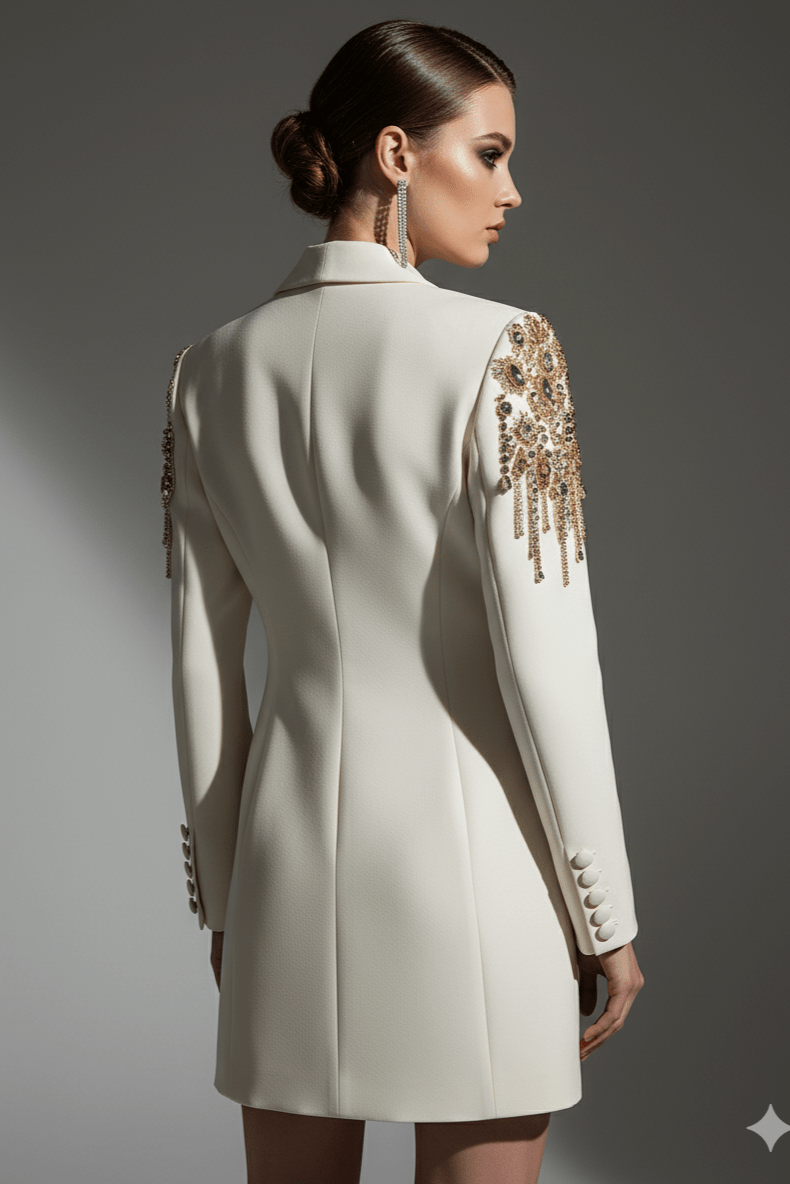 Celina Sequin Beaded Blazer Dress by Luxe Lane | from Luxe Lane | SKU:  | Barcode:  | Options: Beige S | back view of Luxe Lane white sequin blazer dress showing tailored fit and elegant silhouette