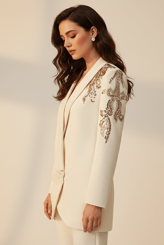 Celina Sequin Beaded Blazer Dress by Luxe Lane | from Luxe Lane | SKU:  | Barcode:  | Options: Beige S | model posing in Luxe Lane white blazer dress with shimmering sequin embroidery and crossover front design