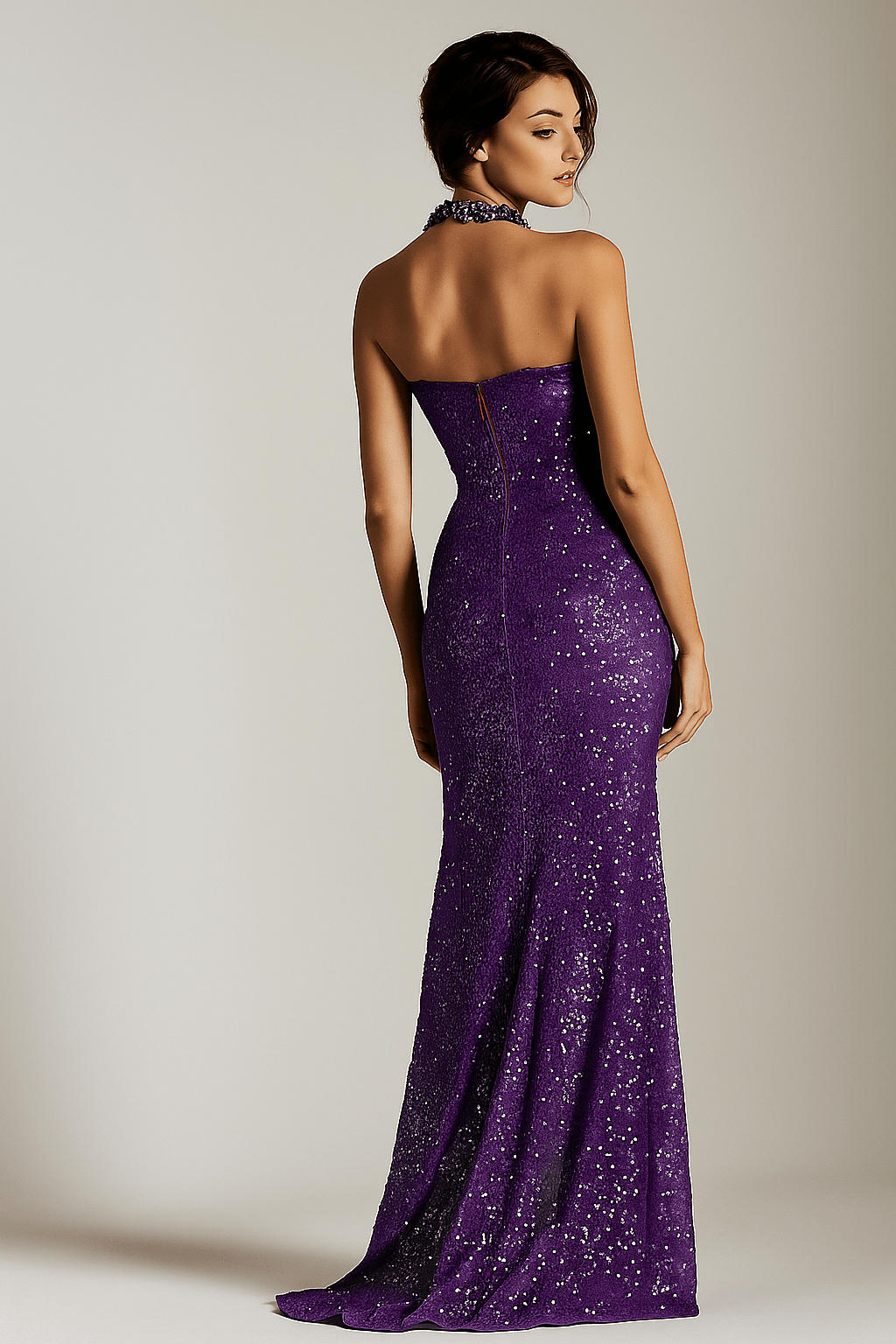 Celina Violet Sequin Halter Backless Prom Gown by Shine | heath gown from Luxe Lane | SKU:  | Barcode:  | Options: Purple XS | Celina Violet Sequin Halter Backless Prom Gown
