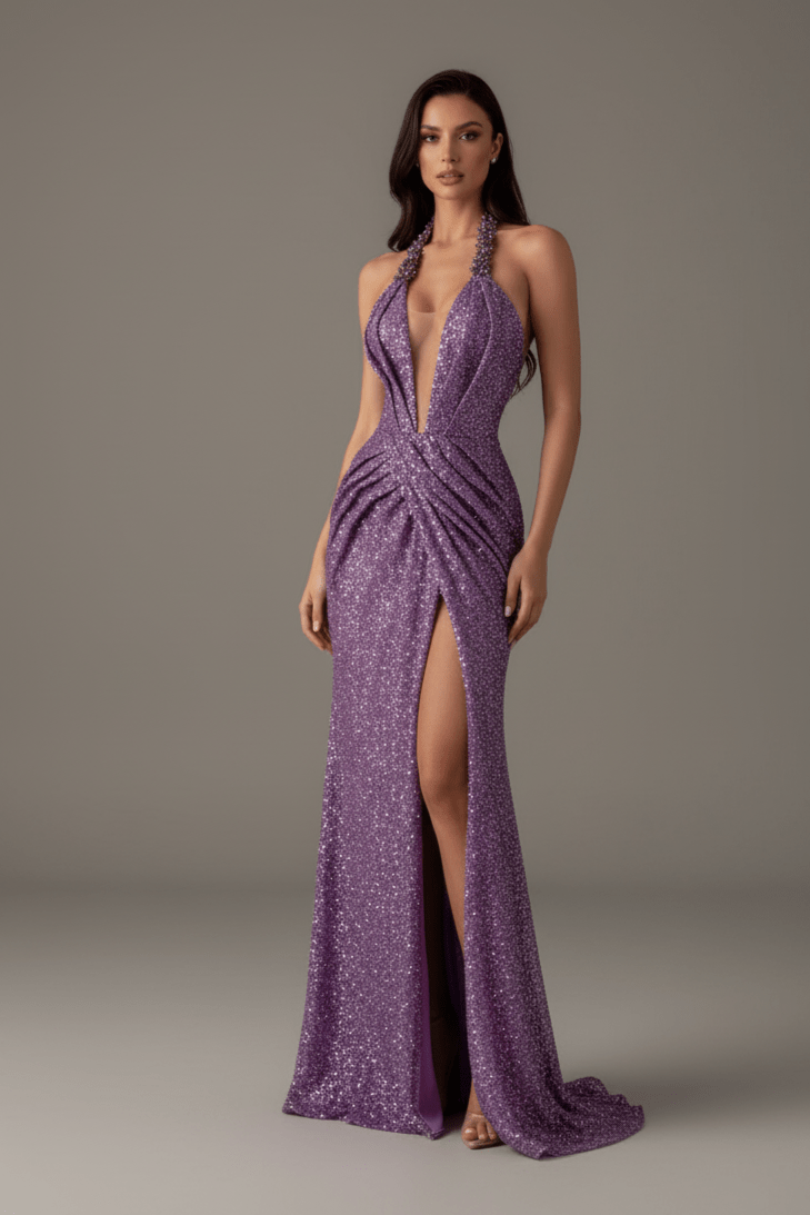 Celina Violet Sequin Halter Backless Prom Gown by Shine | heath gown from Luxe Lane | SKU:  | Barcode:  | Options: Purple XS | Woman wearing a purple evening gown with a high slit on a gray background