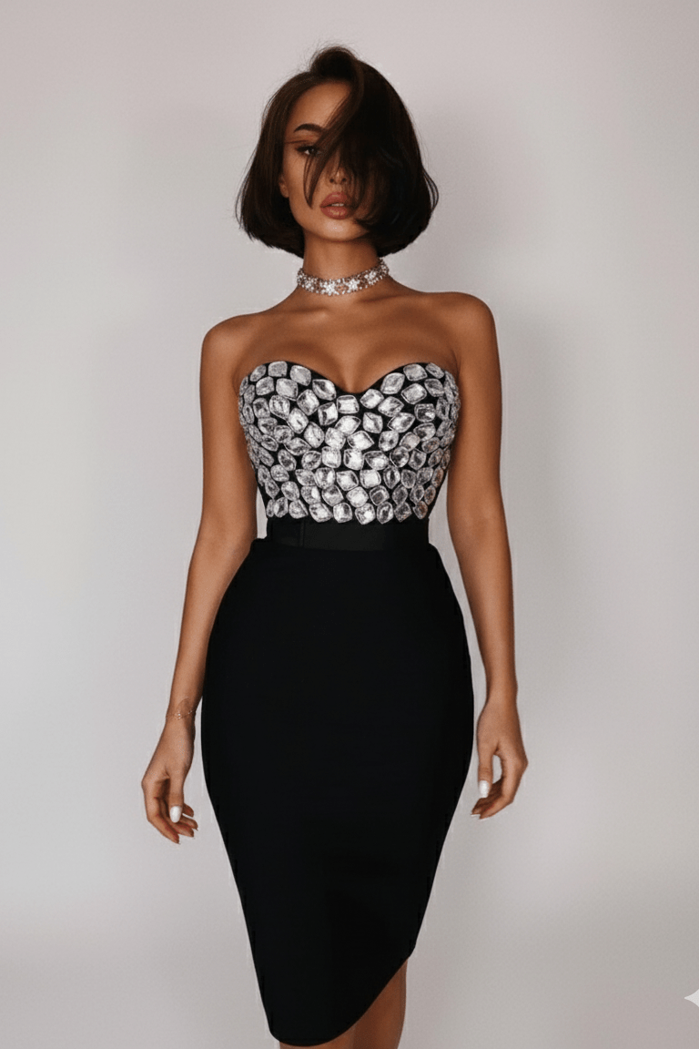 Celine Rhinestone Bandage 2 - Piece Set by Luxe Lane | from Luxe Lane | SKU:  | Barcode:  | Options: Black XS | Celine Rhinestone Bandage 2 - Piece Set