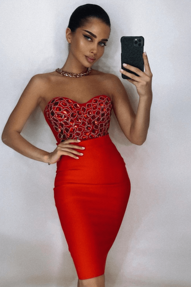 Celine Rhinestone Bandage 2 - Piece Set by Luxe Lane | from Luxe Lane | SKU:  | Barcode:  | Options: Black XS | Sexy Bandage Women Set Beaded Rhinestone Top and Skirt Bodycon 2 Piece Set