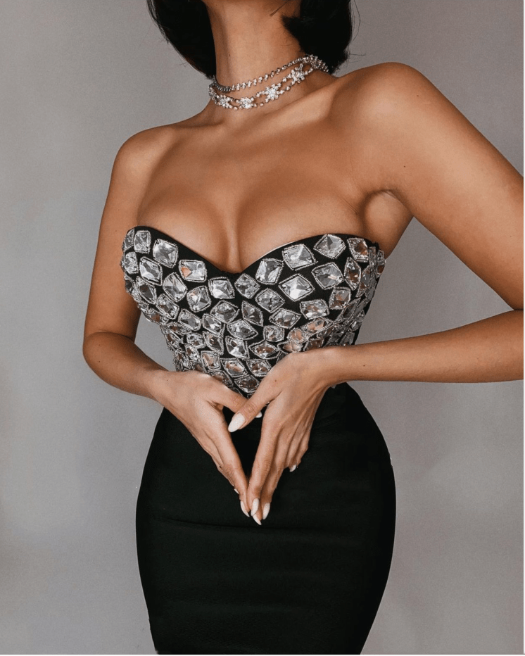 Celine Rhinestone Bandage 2 - Piece Set by Luxe Lane | from Luxe Lane | SKU:  | Barcode:  | Options: Red XS | Sexy Bandage Women Set Beaded Rhinestone Top and Skirt Bodycon 2 Piece Set