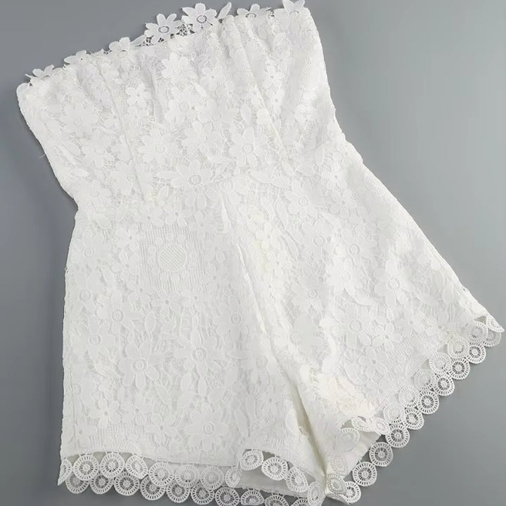 Cerie Blanche Lace Jacquard Romper by Shine | from Luxe Lane | SKU:  | Barcode:  | Options: White XS | Robes Elegantes Pour Femmes Elegant Ladies Event Party Romper Chic White Lace Strapless Floral Jacquard Jumpsuit With Bow Belt