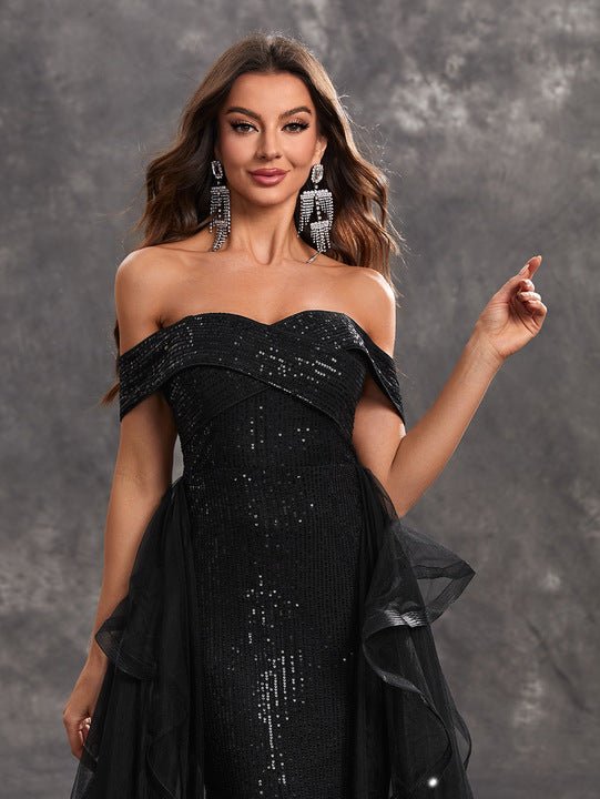 Off-Shoulder Sweetheart Satin Mermaid Evening Dress | Luxe Lane Black / UK 12 Off-Shoulder Sweetheart Satin Mermaid Evening Dress | Luxe Lane Black / UK 12
