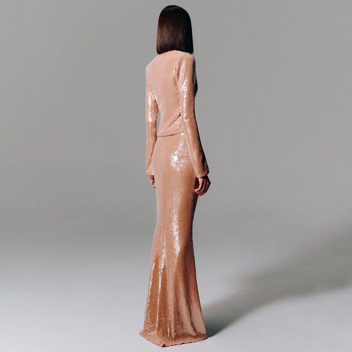 Cocoa Glimmer Set by Luxe Lane | 2 piece long set from Luxe Lane | SKU:  | Barcode:  | Options: Apricot XS | Wholesale Womens Clothing Brown Sequin Two Piece Set Deep V Neck Long Sleeve Crop Top Mermaid Maxi Skirt Evening Party Outfit