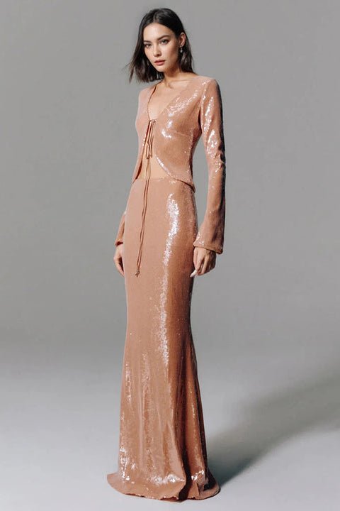 Cocoa Glimmer Set by Luxe Lane | 2 piece long set from Luxe Lane | SKU:  | Barcode:  | Options: Apricot XS | Wholesale Womens Clothing Brown Sequin Two Piece Set Deep V Neck Long Sleeve Crop Top Mermaid Maxi Skirt Evening Party Outfit