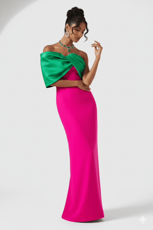 Colorblock Strapless Bodycon Maxi Evening Dress+Rose redS(6)Luxe Lane