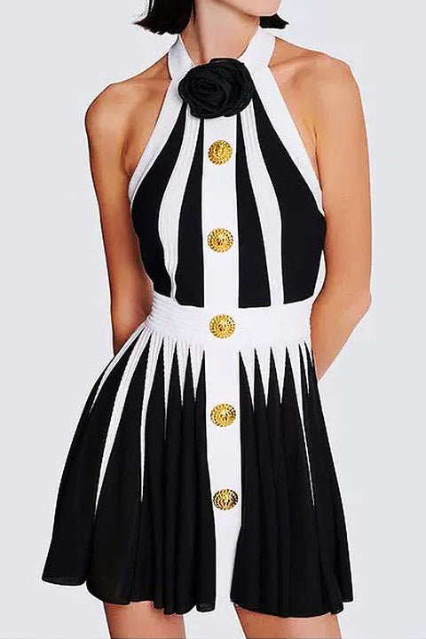 Contrast Halter Neck Pleated Mini Dress by Luxe Lane | from Luxe Lane | SKU: -1 | Barcode:  | Options: Black S(6) | Wholesale OEM ODM Elegant Contrast Design Sleeveless Party Wear Black White Halter Neck Pleated Mini Dress for Women