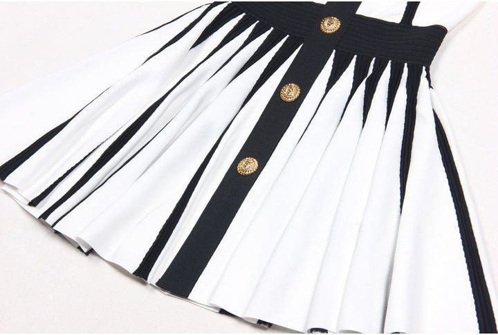 Contrast Halter Neck Pleated Mini Dress by Luxe Lane | from Luxe Lane | SKU: -4 | Barcode:  | Options: White S(6) | Wholesale OEM ODM Elegant Contrast Design Sleeveless Party Wear Black White Halter Neck Pleated Mini Dress for Women