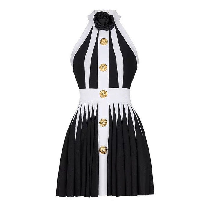 Contrast Halter Neck Pleated Mini Dress by Luxe Lane | from Luxe Lane | SKU: -4 | Barcode:  | Options: White S(6) | Wholesale OEM ODM Elegant Contrast Design Sleeveless Party Wear Black White Halter Neck Pleated Mini Dress for Women