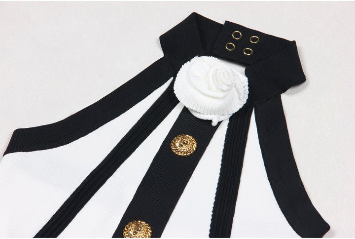 Contrast Halter Neck Pleated Mini Dress by Luxe Lane | from Luxe Lane | SKU: -4 | Barcode:  | Options: White S(6) | Wholesale OEM ODM Elegant Contrast Design Sleeveless Party Wear Black White Halter Neck Pleated Mini Dress for Women