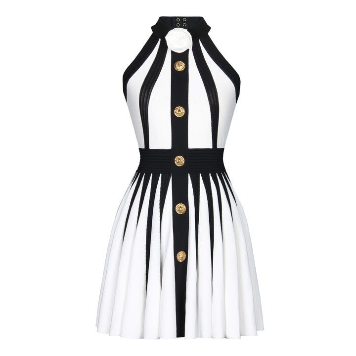 Contrast Halter Neck Pleated Mini Dress by Luxe Lane | from Luxe Lane | SKU: -4 | Barcode:  | Options: White S(6) | Wholesale OEM ODM Elegant Contrast Design Sleeveless Party Wear Black White Halter Neck Pleated Mini Dress for Women