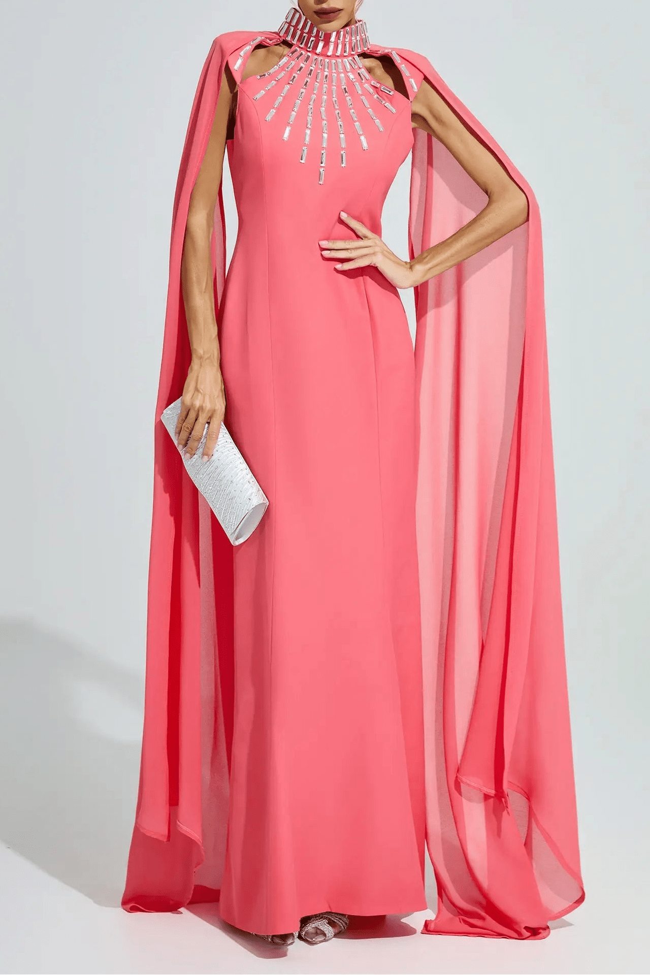 Coral Crystal Cape Mermaid GownEvening DressesCoral RedSLuxe Lane