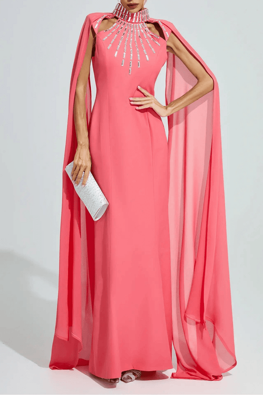 Coral Crystal Cape Mermaid GownEvening DressesCoral RedSLuxe Lane