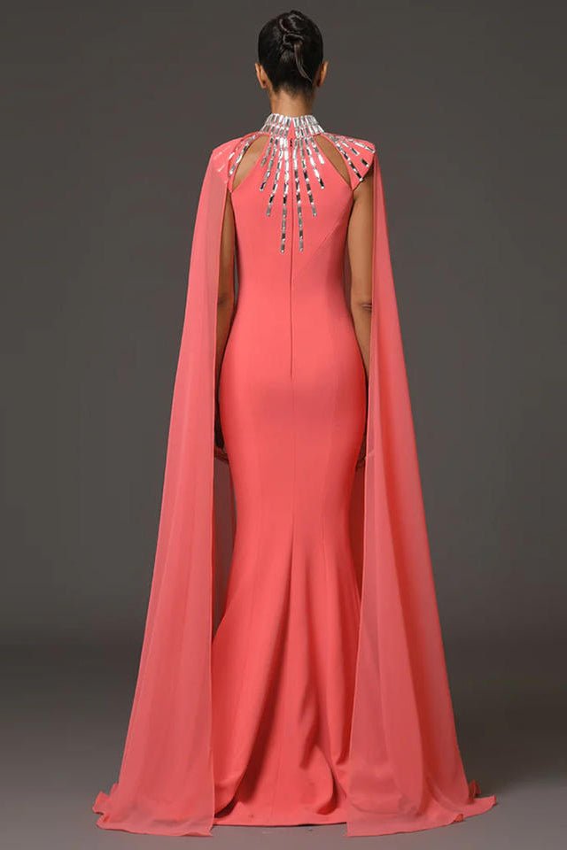 Coral Crystal Cape Mermaid GownEvening DressesCoral RedSLuxe Lane