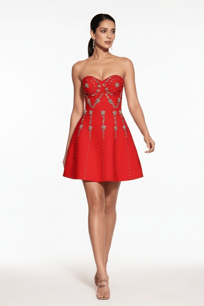 Cravella Red Crystal Beaded Mini Dress by Shine | Party Dress from Luxe Lane | SKU: W11236-5 | Barcode:  | Options: Black S | Cravella Red Crystal Beaded Mini Dress