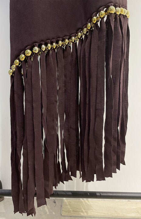 Cressida Fringe Beaded Midi Dress by Shine | from Luxe Lane | SKU: W11209-1 | Barcode:  | Options: Brown S | Elegant Brown Sleeveless Bodycon Fringe Knitted Dress Women 2025 Sexy Gold Beaded Asymmetric Hem Midi Dresses Clubwear Partywear