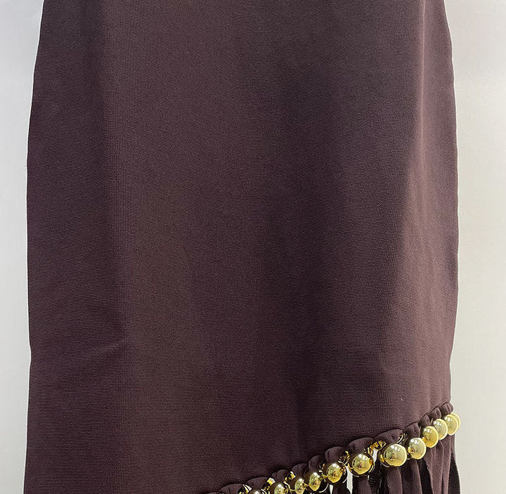 Cressida Fringe Beaded Midi Dress by Shine | from Luxe Lane | SKU: W11209-1 | Barcode:  | Options: Brown S | Elegant Brown Sleeveless Bodycon Fringe Knitted Dress Women 2025 Sexy Gold Beaded Asymmetric Hem Midi Dresses Clubwear Partywear