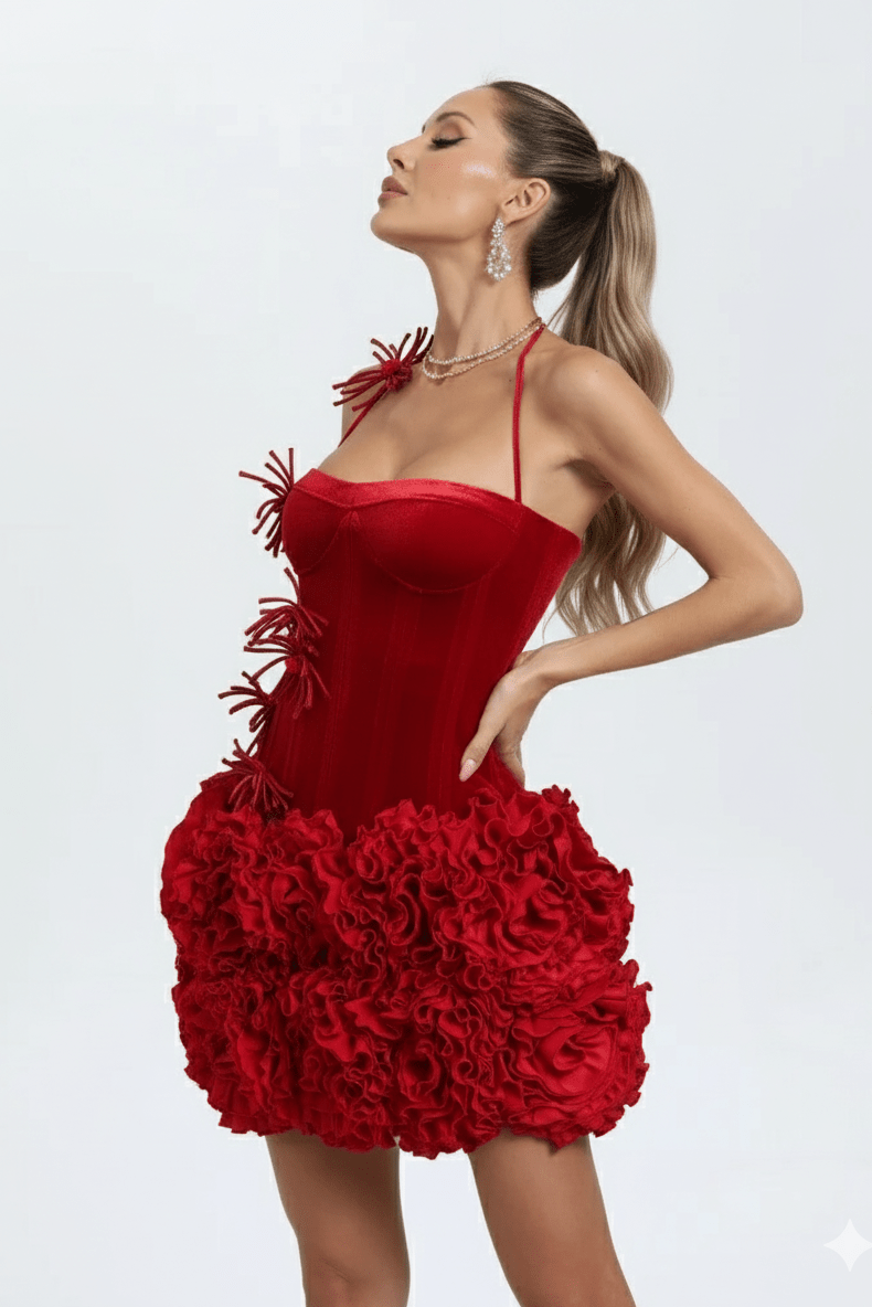 Crimson Bloom Floral Corset Mini Dress by Luxe Lane | from Luxe Lane | SKU:  | Barcode:  | Options: Black XS | Woman wearing a red floral dress against a white background